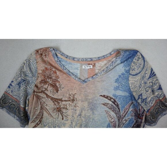 WESTPORT - WOMEN'S BLUE & PINK PRINT SHORT SLEEVE T-SHIRT SWEATER TOP - XL - Picture 3 of 7